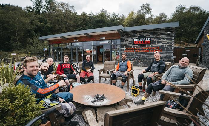 Group having a beer after riding